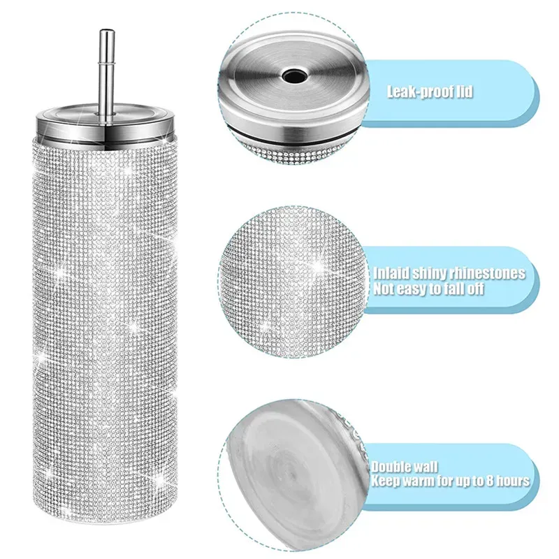 Coffee Mug 20oz Shining Diamond Thermos Bottles Glitter Tumbler Stainless Steel Water Bottle Girl Women Gift Rhinestone Bling Cup With Straw & Straws Lids/Seal Lids