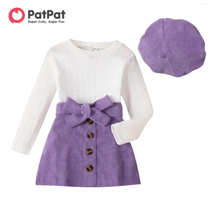 Girl Dresses PatPat 3pcs Toddler Cable Knit Top & Belted Skirt Hat Set