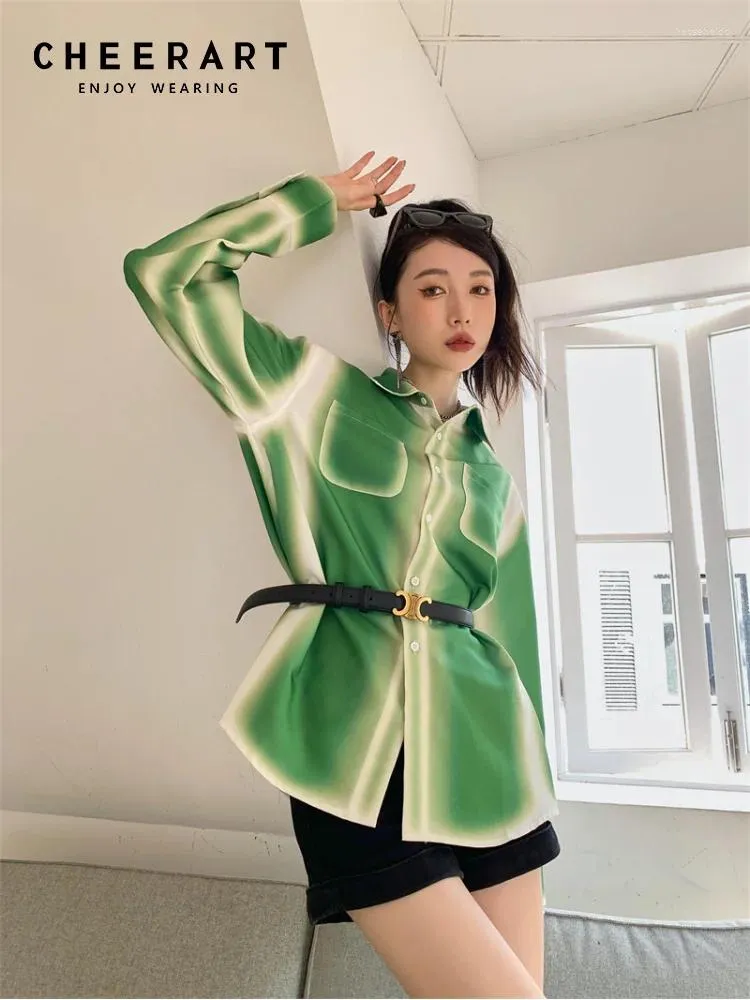 Women's Blouses CHEERART Gradient Green Designer Button Up Shirt For Women Fall High Fashion Long Sleeve Top Collared Oversized Blouse