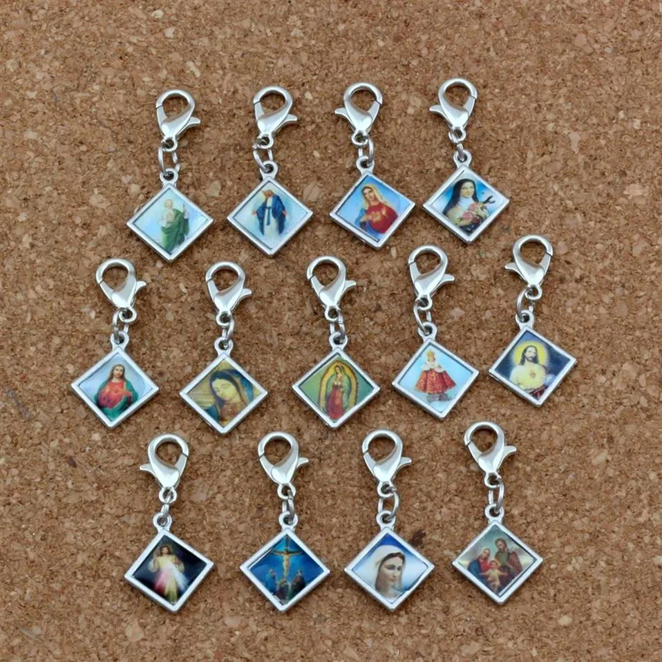 100 Stück gemischte Emaille-Quadrat-Jesus-Christus-Ikone, religiöse Charms-Perle mit Karabinerverschluss, passend für Charm-Armbänder, DIY-Schmuck, 13, 2 x 30 m, 242 g