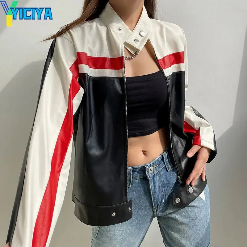 Yiciya Jacket Bomber Women Varsity Racing Jackets Pu Leather Female Outerwear Tops American Y2k Korean Baseball Jacket Coats 240118