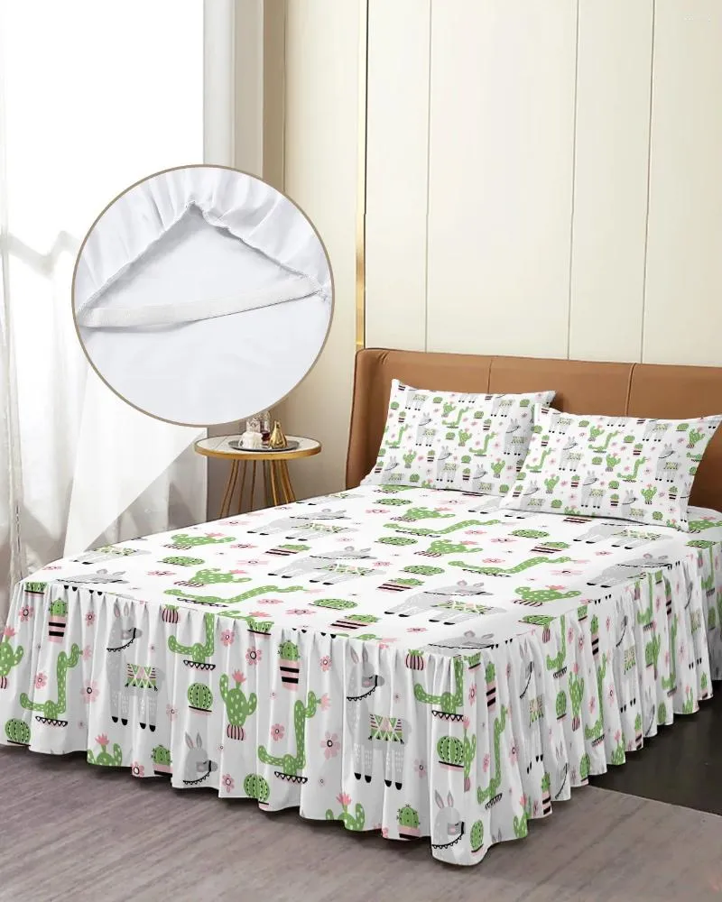 Bed Skirt Cartoon Animal Alpaca Cactus Green Elastic Fitted Bedspread With Pillowcases Mattress Cover Bedding Set Sheet