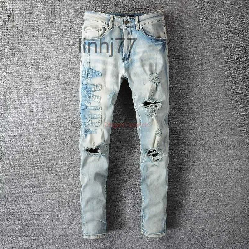 Jeans pour hommes Vêtements de créateurs Amires Denim Pantalons Amies 697 High Street Lettre cassée Autocollant Tissu utilisé Lavage Eau Élastique Fit Ins Blue0CSY