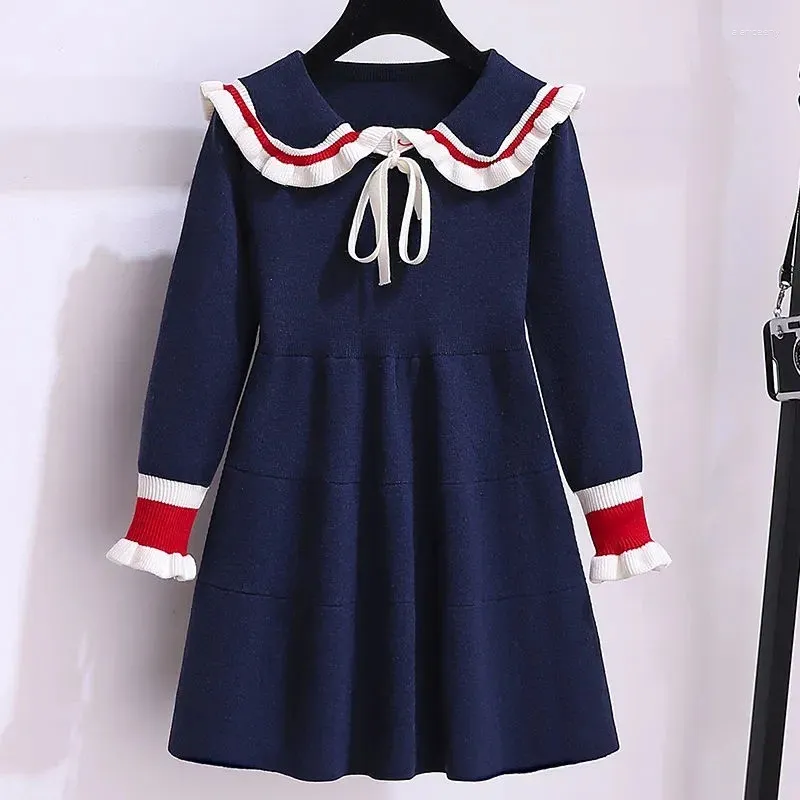 Girl Dresses 2024 Autumn Winter Teenagers Girls Kids Knit Sweater Princess Clothes JK Sailor Western Bowtie 4 5 6 7 8 9 10 11 Year