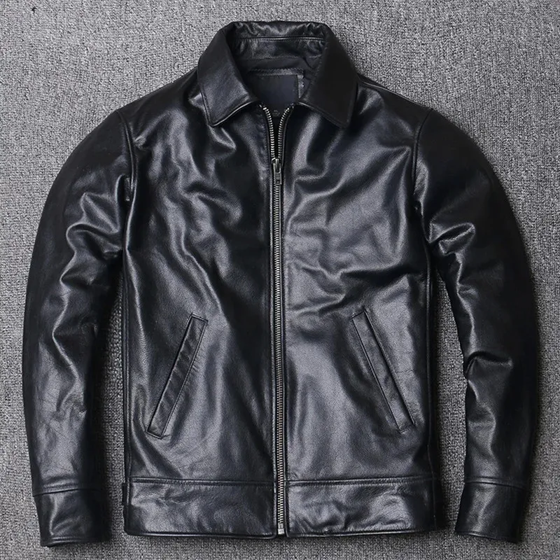 Veste noire en cuir de vache souple pour homme, manteau en cuir véritable, grande taille, vêtements masculins, S-5XL, 240124