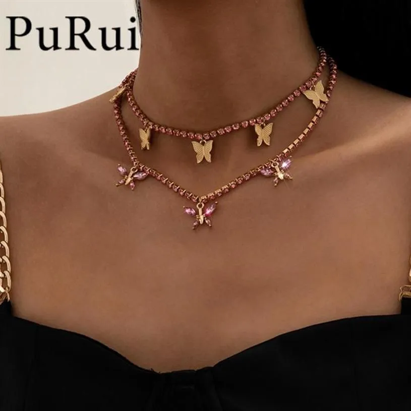 Boho fascino Bling rosa cristallo farfalla pendente collana girocollo strass catena da tennis sul collo 2021 gioielli Goth per le donne259t