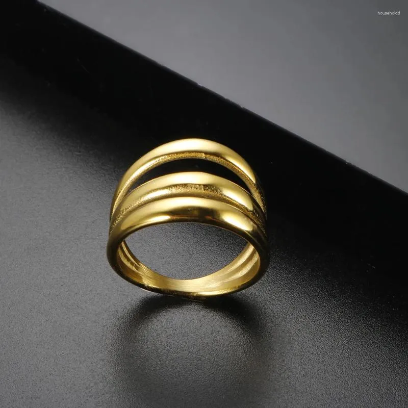 Klusterringar enkel metall 3 lager ring ihålig vattentätt rostfritt stål 18 k guldpläterad finger för kvinnor ity fin smyckespresent