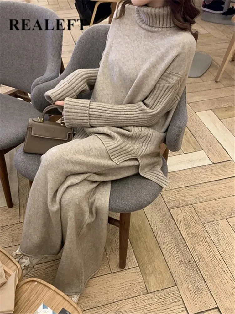Autumn Winter 2 Pieces Women Sets Knitted Tracksuit Turtleneck Sweater and Wide Leg Jogging Pant Pullover Suits 240123