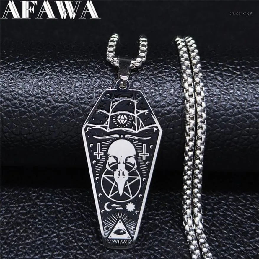 Afawa Witchcraft Vulture Coffin Pentagram Inverterad Cross rostfritt stålhalsband hängsmycken Kvinnor Silverfärgsmycken N3315S021209F