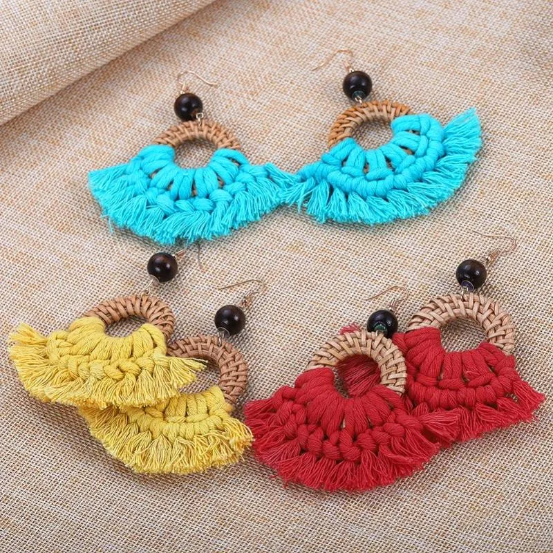 Pendientes colgantes Dvacaman Boho Fan borla con flecos para mujer tejido de ratán gota de madera joyería colgante grande