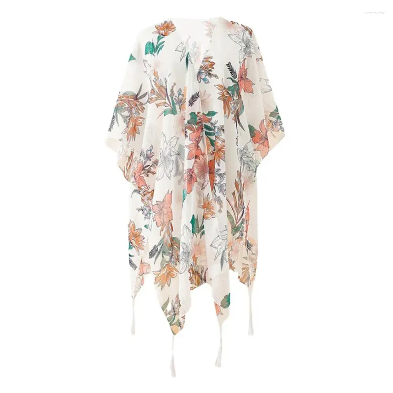 الأوشحة Smock Shawl Flower Printed Tassel Beach Poncho Sunscreen Simsuit Cover-Up Open Beachwear Cardigan Bikini غير منتظم للصيف