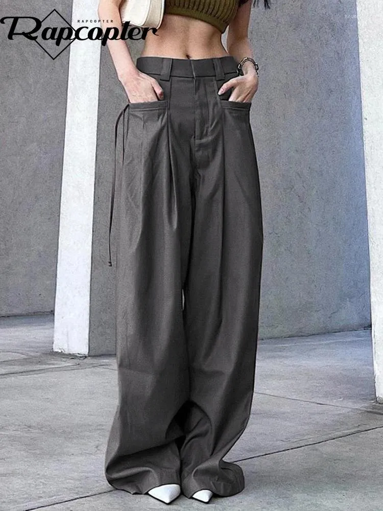 Damenhose Rapcopter Graue Hose mit weitem Bein Vintage Badange Taschen Grunge Koreanisch Y2k Ästhetische Mode Jogger Streetwear Baggy 90er Jahre