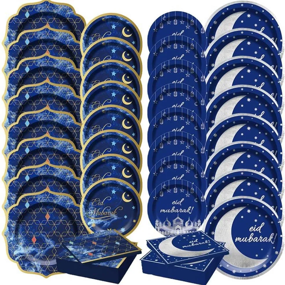 Stoviglie usa e getta EID Mubarak Stoviglie Piatto di carta Tovaglioli Tazza Tovaglia Banner Set Ramadan Musulmano Islamico Decorazioni per feste290S