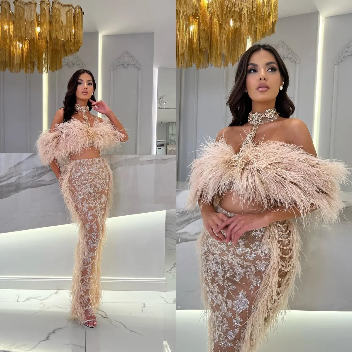 Luxury Feathers Champagne Evening Dress Lace Appliques 2 Pcs Mermaid Prom Gowns Beading Illusion Party Dresses Custom Made