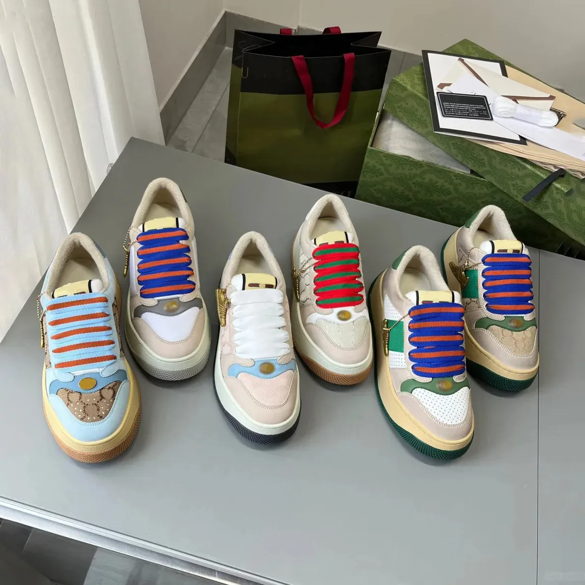 Het nieuwe paar sneakers Flat Rhyton Sneaker Screener vrijetijdsschoenen Vintage Klassiek Groen Blauw Roze Strass Streep Lage Top Lederen trainer Tennisschoenen Maat 35-44