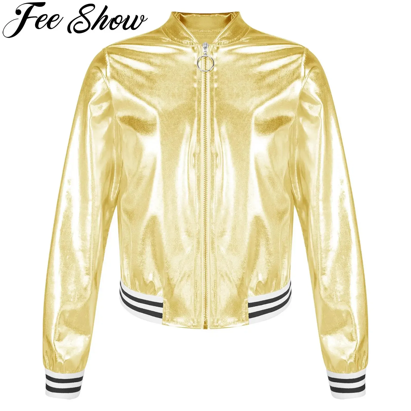 Kids Girls Boys Shiny Metallic Baseball Jacket Long Sleeve Casual Sports Bomber Jackets Jazz Hip-hop Street Dance Coats Outwear 240127