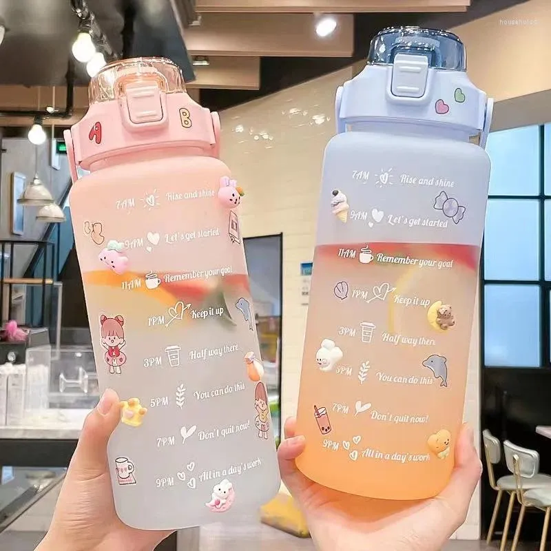 Bouteilles d'eau 2L bouteille de grande capacité sport avec marque de temps dégradé couleur fitness en plein air pour fille adulte boire