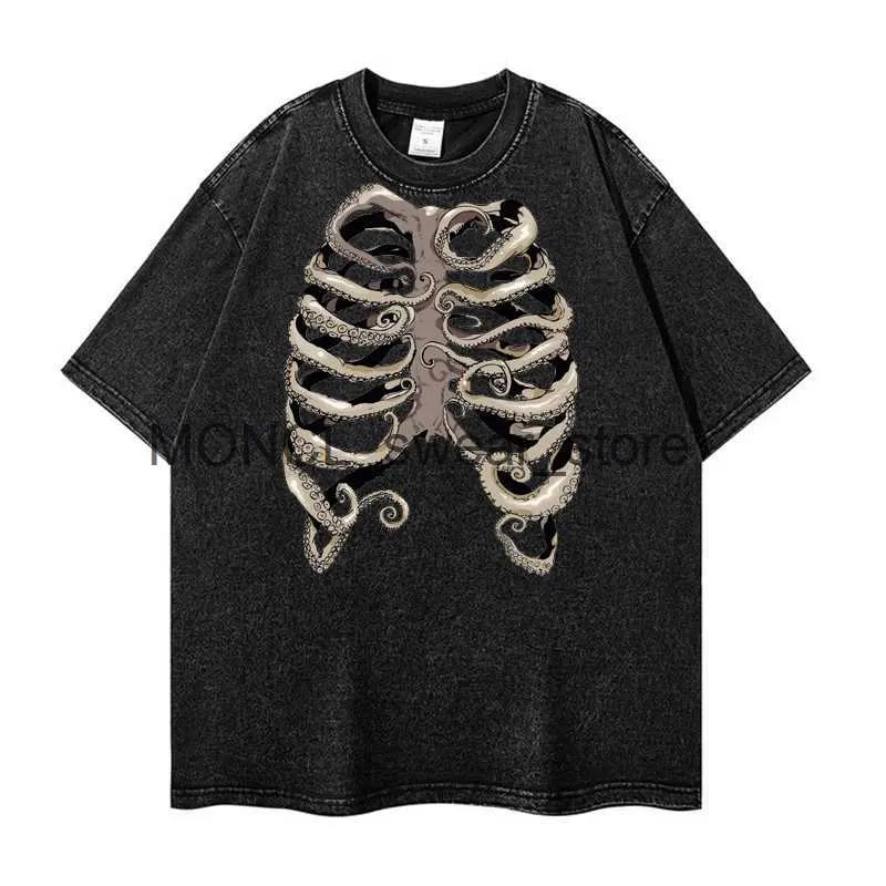 Men's T-Shirts 100% Cotton Man Woman Skeleton Rib Octopus Print Washed Tee Loose Round Neck Casual T-Shirt Y2K Harajuku Vintage Shirt GothicH24131