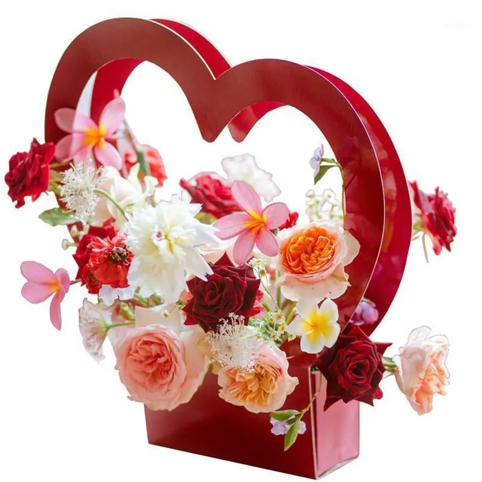ハートシェイプポータブルハンドヘルドフラワーボックスバッグペーパーパッケージパッケージ箱結婚式の装飾花屋の便利な花の贈り物ケース12733