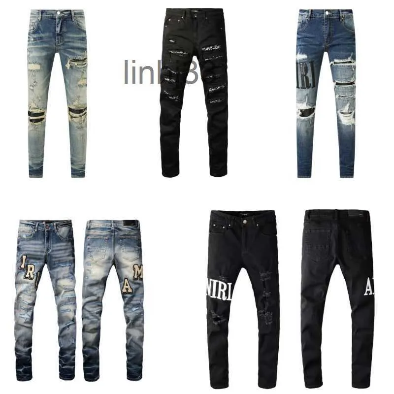 Herrenjeans Amirs Designer Herren Lila High Street Loch Stern Patch Damen Stickerei Panel Hose Stretch Slim-Fit Hose 9lmxR3NW