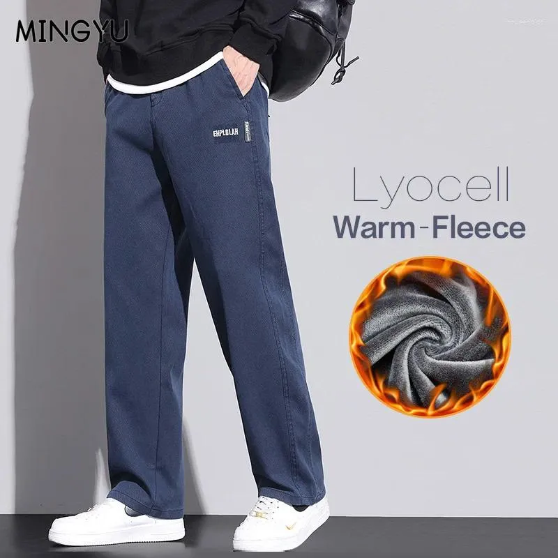 Calças masculinas de alta qualidade roupas de marca inverno quente lã homens estiramento lyocell tecido solto flocagem de veludo calças masculinas 5xl
