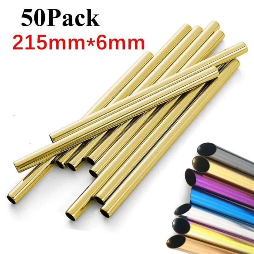 50pcs / lot 304 pailles en acier inoxydable réutilisables tubes de paille en métal 215mm 12mm pailles droites courbées pointues Boba Drinkware227Y