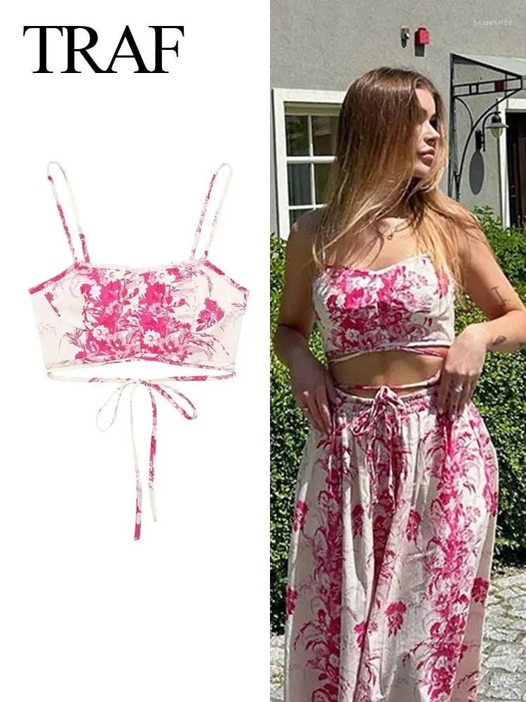 Kvinnors tankar traf 2024 Kvinnor mode sommarshorts toppar rosa tryck ärmlös rygglös dold knapp kvinnlig chic söt stil camis