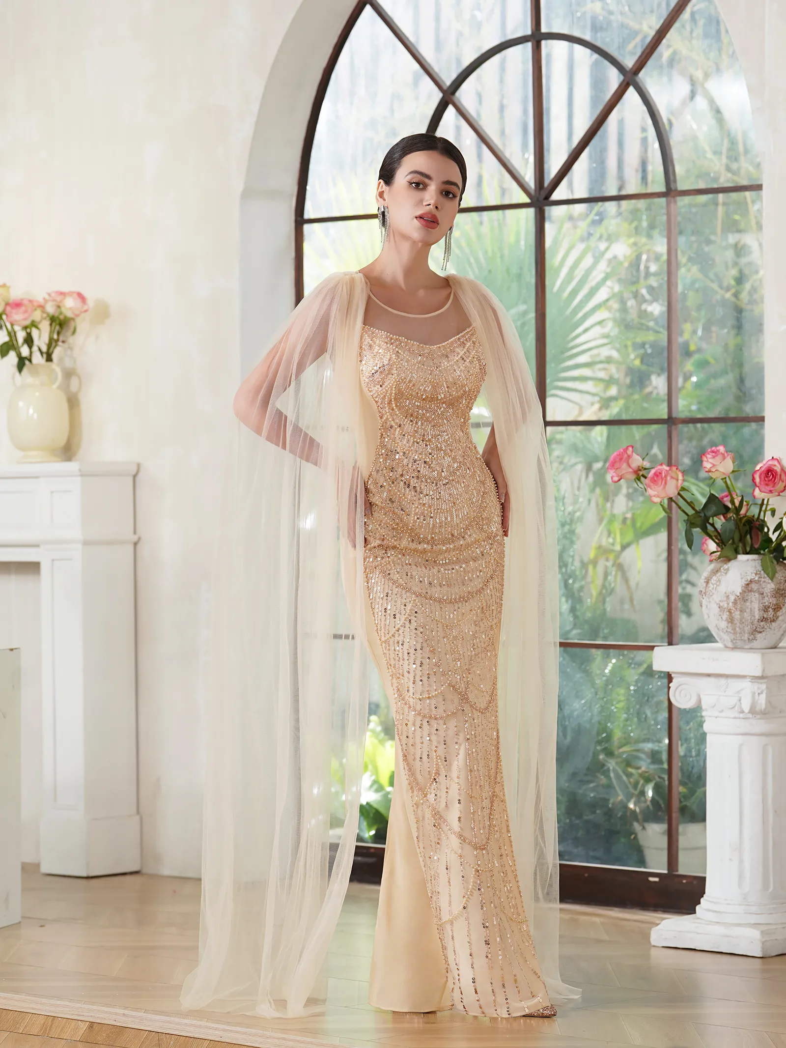 Sleeveless Trumpet/Mermaid gold homecoming dress long with Side Split, Appliques, and Scoop Ruffles - Perfect for Graduation, Prom, or Tail Gowns (