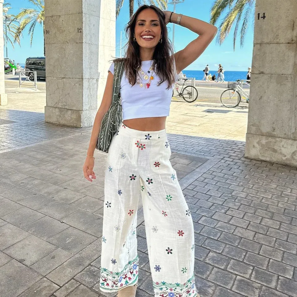 Flower Embroidered Jeans Womens Casual Straight Leg Pants - Main Image