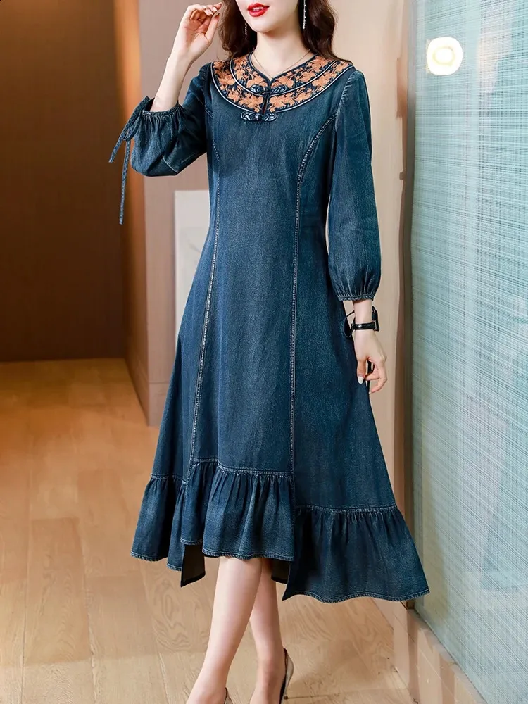 Women Long Mid-Calf Denim Dress with Full Sleeve Pullover Chiffon Natural  Fiber Fabric