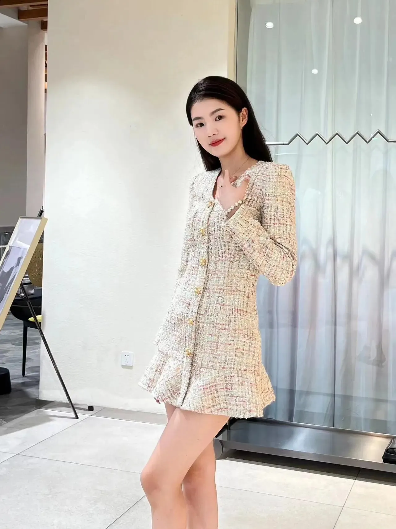 Late Autumn Women's Tweed Mini the dress with V-Neck Late Autumn Women's Tweed Mini the dress with V-Neck
