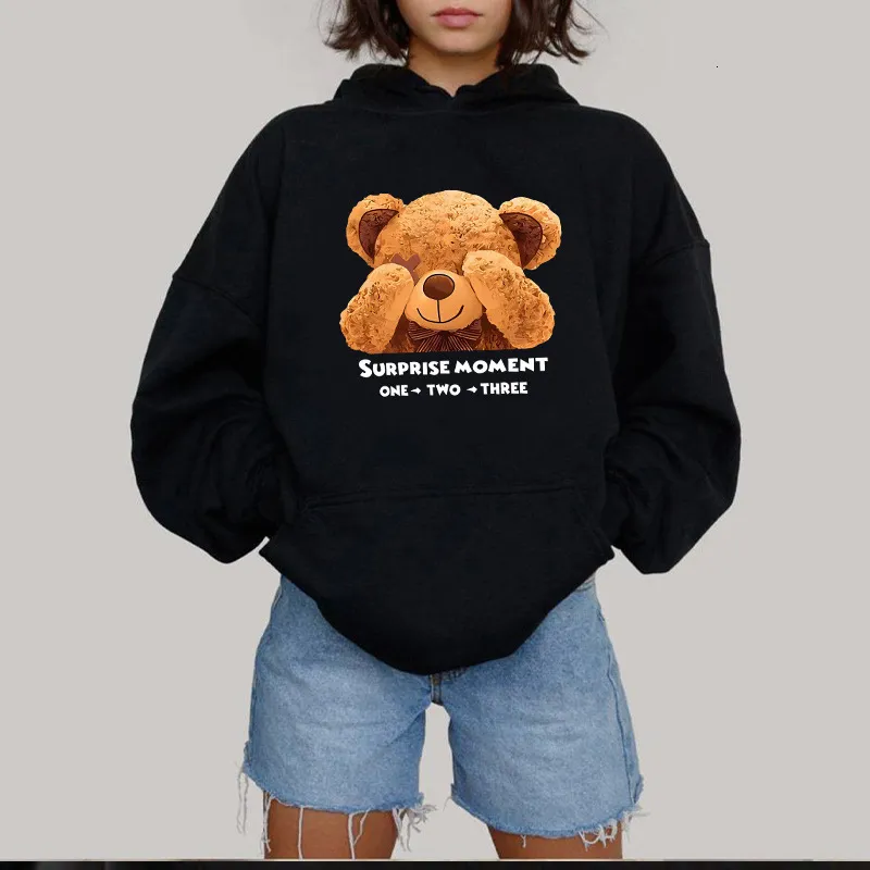 Women s Plush Hooded Sweatshirt Cozy Bear Print Warm Winter Wear