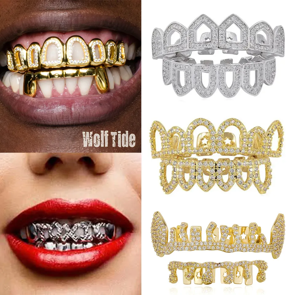 Diamond Tooth Rapper 18k Full Diamond Hollow Teeth Grillz With Iced Out Cubic Zirconia Fangs ...