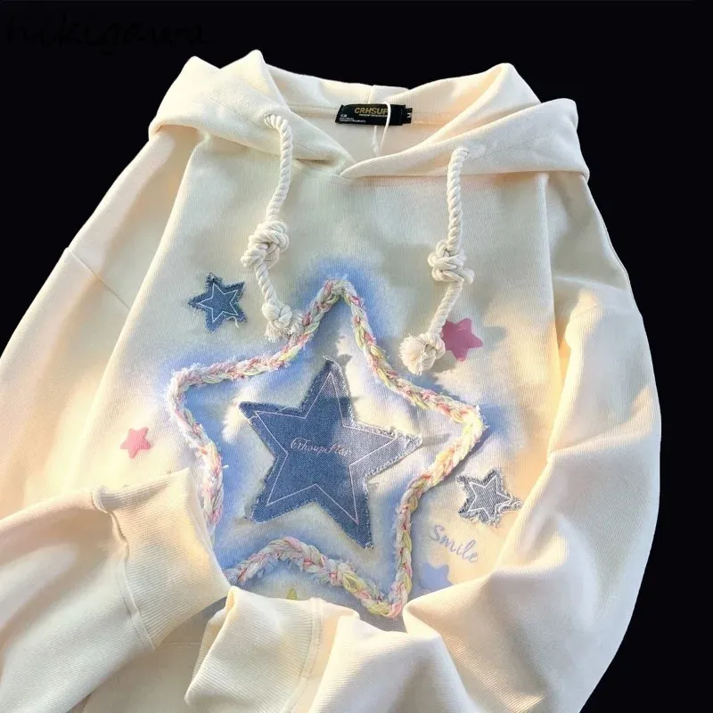 Star Embroidered Oversized Hoodie - Harajuku Street Fashion, Y2k