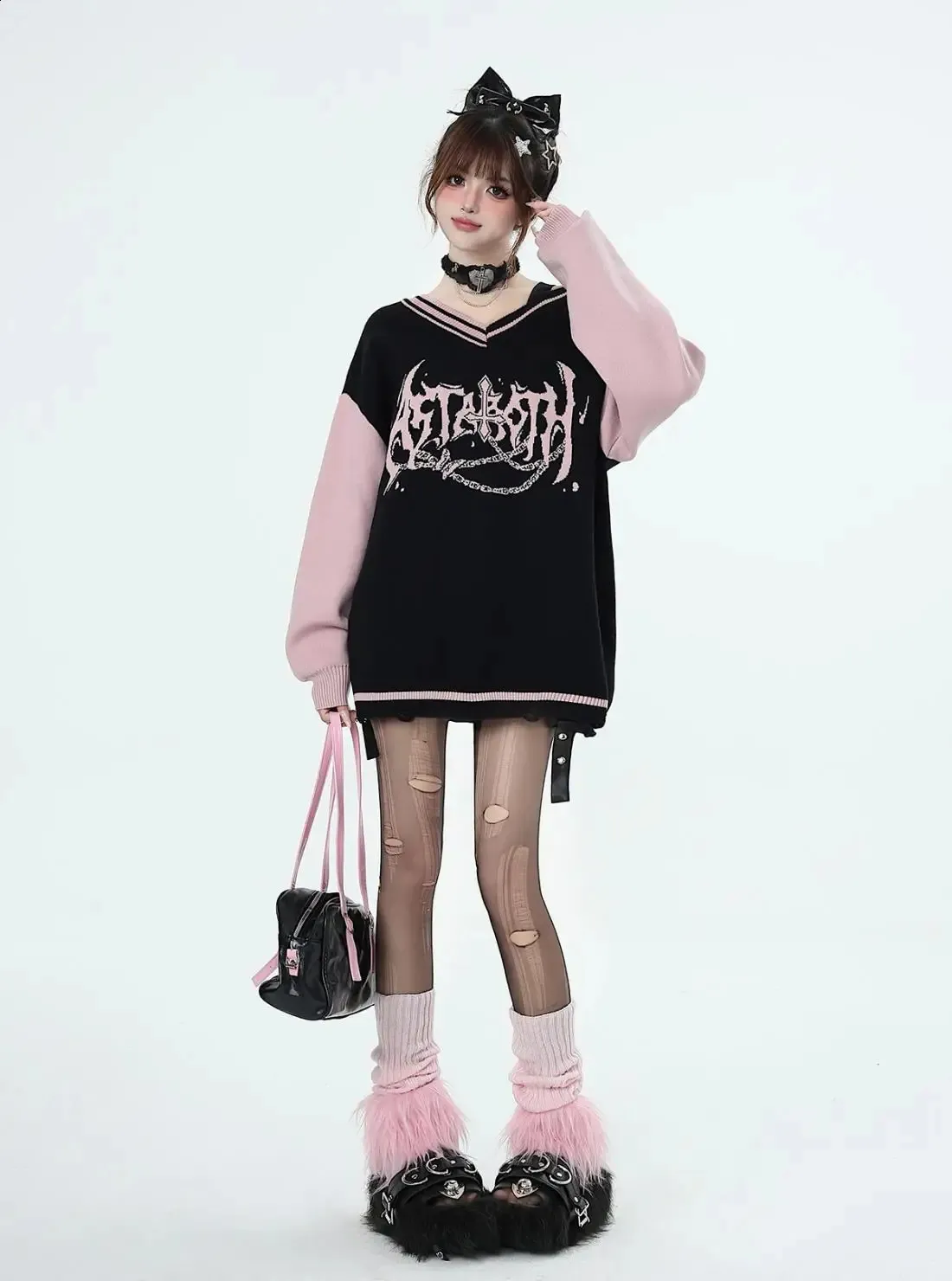 Loose Knit Pullover Sweater Oversized Gothic V Neck Long Sleeve