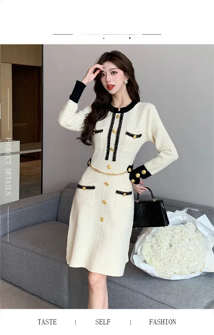 Elegant Tweed Long Sleeve Round Neck Knitted Knitted Jumper Dress for Women