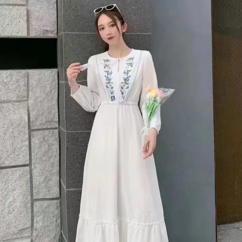 Cotton Blend White Long Sleeve Dress with Embroidered Waist and  Floor-Length Cut from Dhgate Basic & Casual Dresses - price 65.36