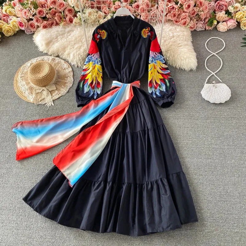 Peacock Embroidered Christmas Dress: Red Cotton Lantern Sleeve Long Dress with Scarf from Dhgate Basic & Casual Dresses - price 95.88 Peacock Embroidered Christmas Dress: Red Cotton Lantern Sleeve Long Dress with Scarf from Dhgate Basic & Casual Dresses - price 95.88
