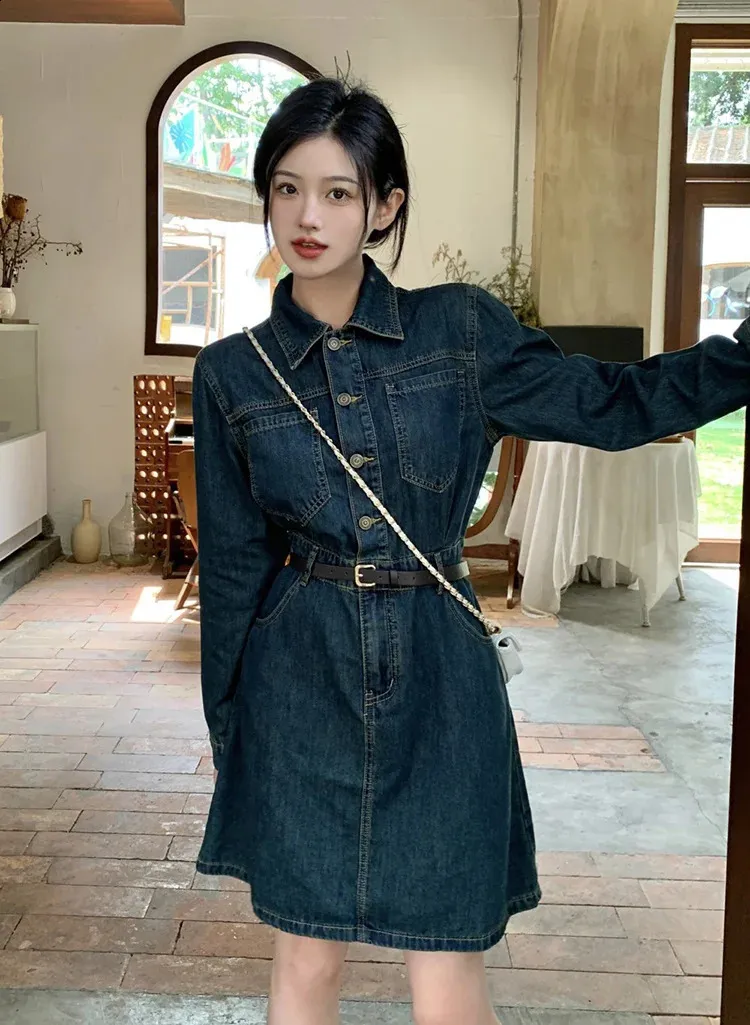 Chowsir Women's Vintage Embroidered Jean Dress With Belt - Denim Blue, Slim Fit