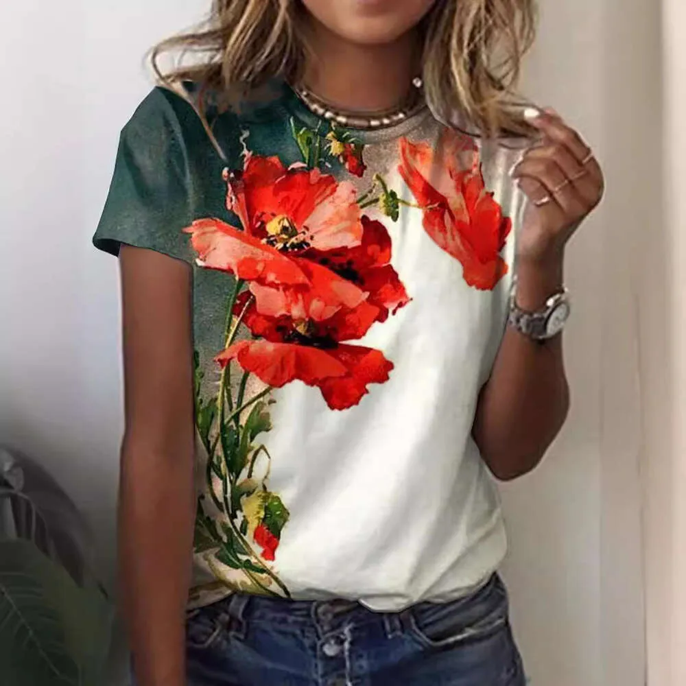 Elegant Round Neck Short Sleeve T Shirt With Floral Art