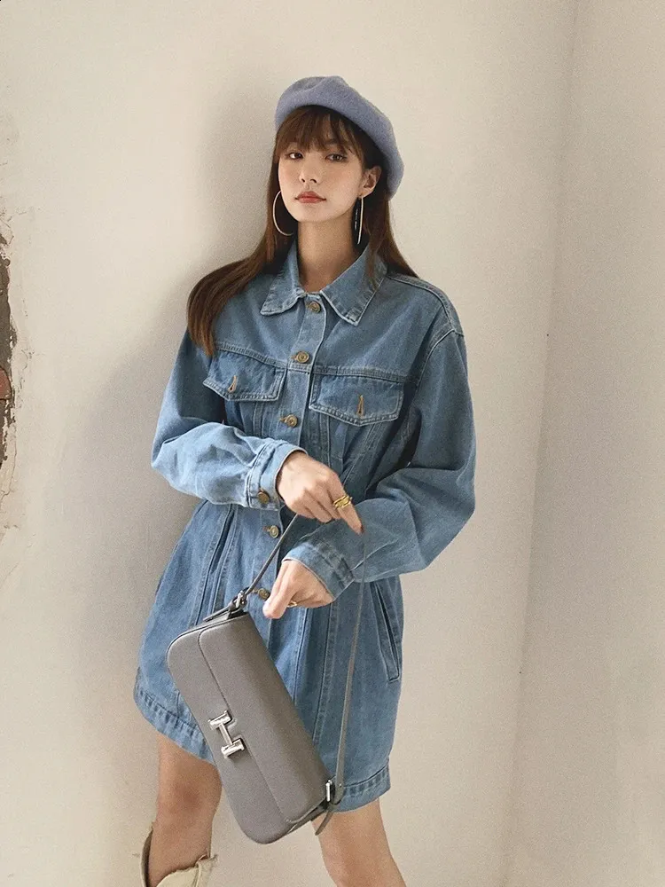 Blue Denim Dress Plus Size Korean Fashion Long Sleeve Mini Jean - Main Image
