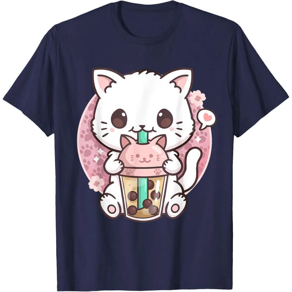 Femme Chat Boba Bubble Tea Anime Kawaii Neko T-Shirt Avec Col