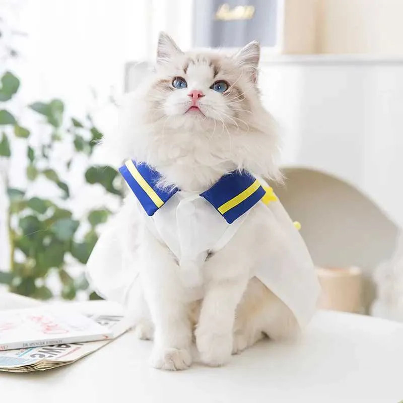 DHgate White Star Cat Dress Blue Lapel Summer Cat Clothes Thin Cute Cat Clothing Pet Supplies