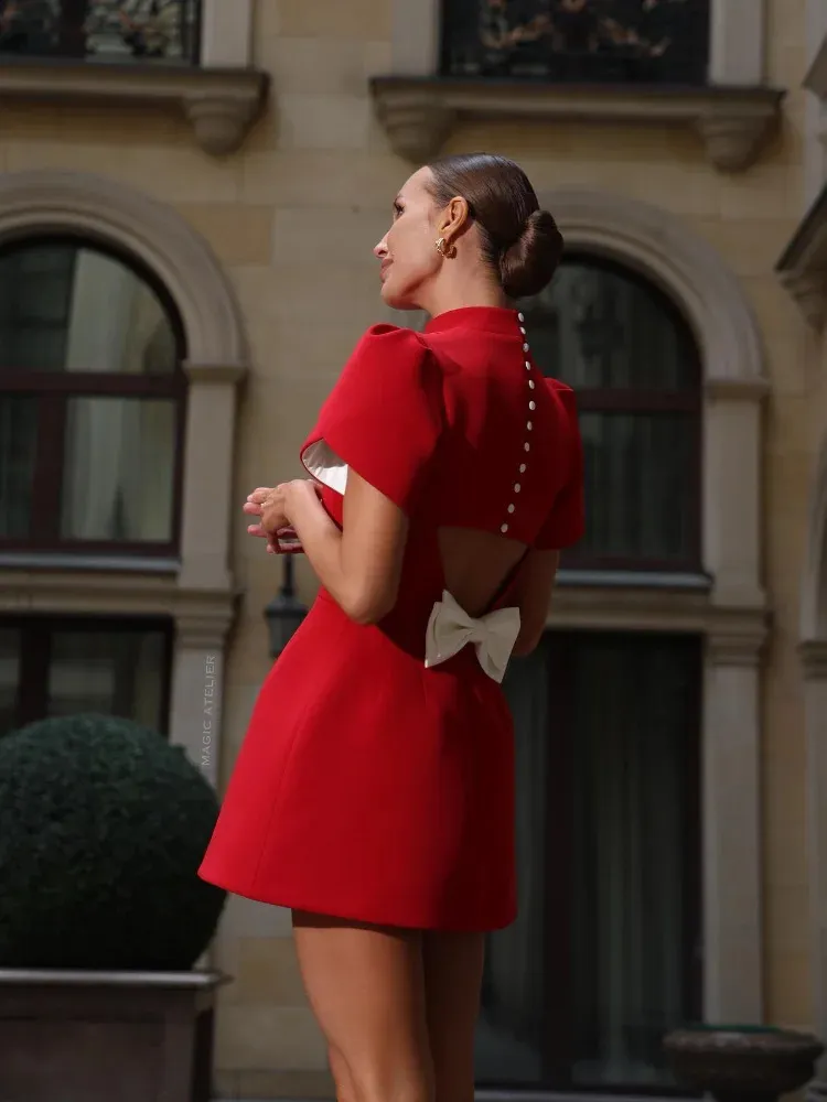Elegant Red Bowknot Mini Dress for Women - Modern and Flattering Fit Elegant Red Bowknot Mini Dress for Women - Modern and Flattering Fit