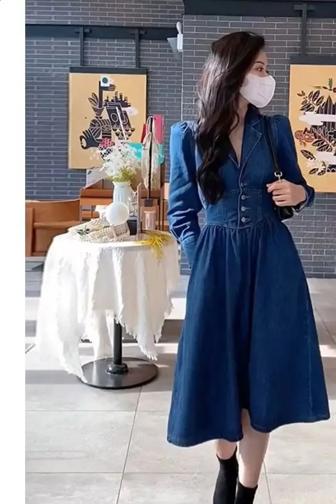 Elegant Vintage Denim denim dress with Long Sleeves for