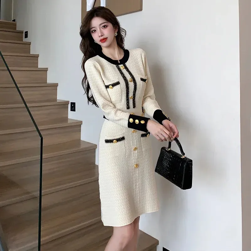 Elegant Tweed Style Long Sleeve Round Neck Dress Womens Autumn
