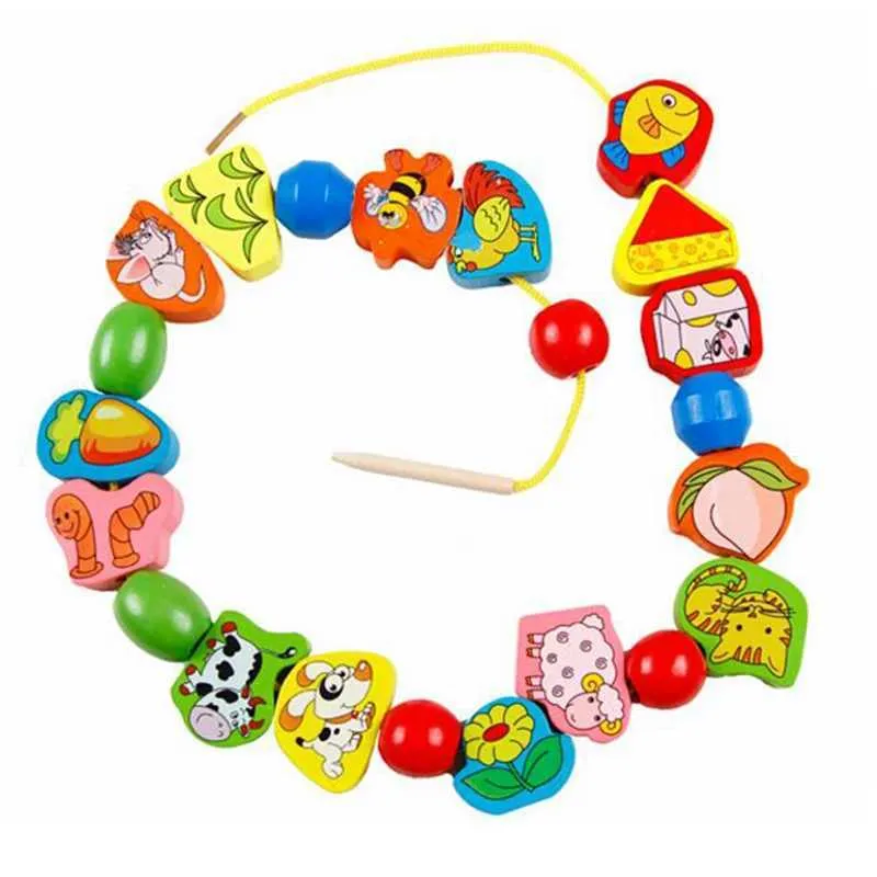 Wooden Animals Fruits Beads Children Cartoon Toys Threading Rope ...