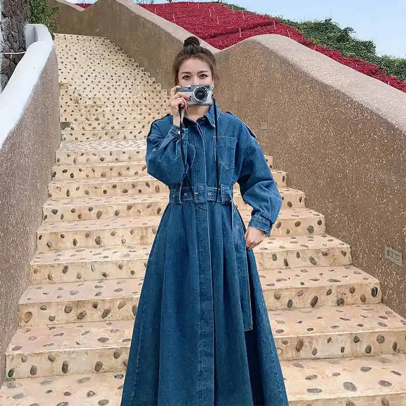 Ladies Long Denim Dress Elegant Womens Long Sleeve Jean Dress