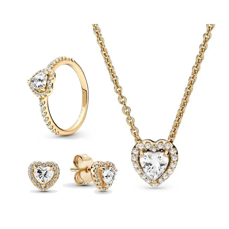 Gold Jewelry Set Zircon Heart Necklace Ring Earrings Bridesmaid Wedding Gift Classic Jewellery Sets For Women Brincos_voghion.com