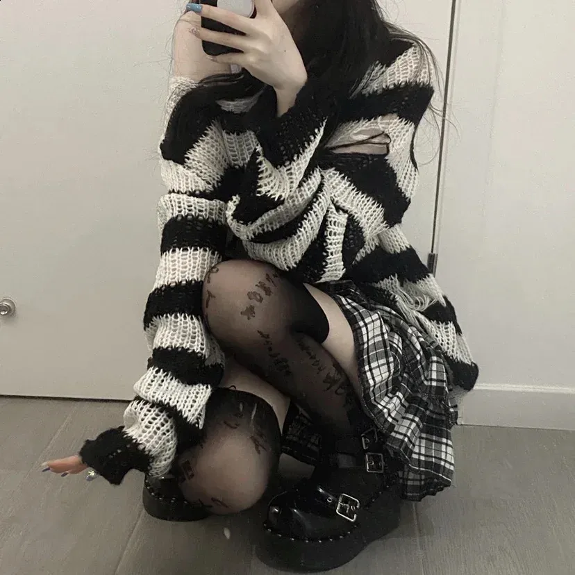 90s Punk Gothic Long Sweater Women Dark Aesthetic Striped